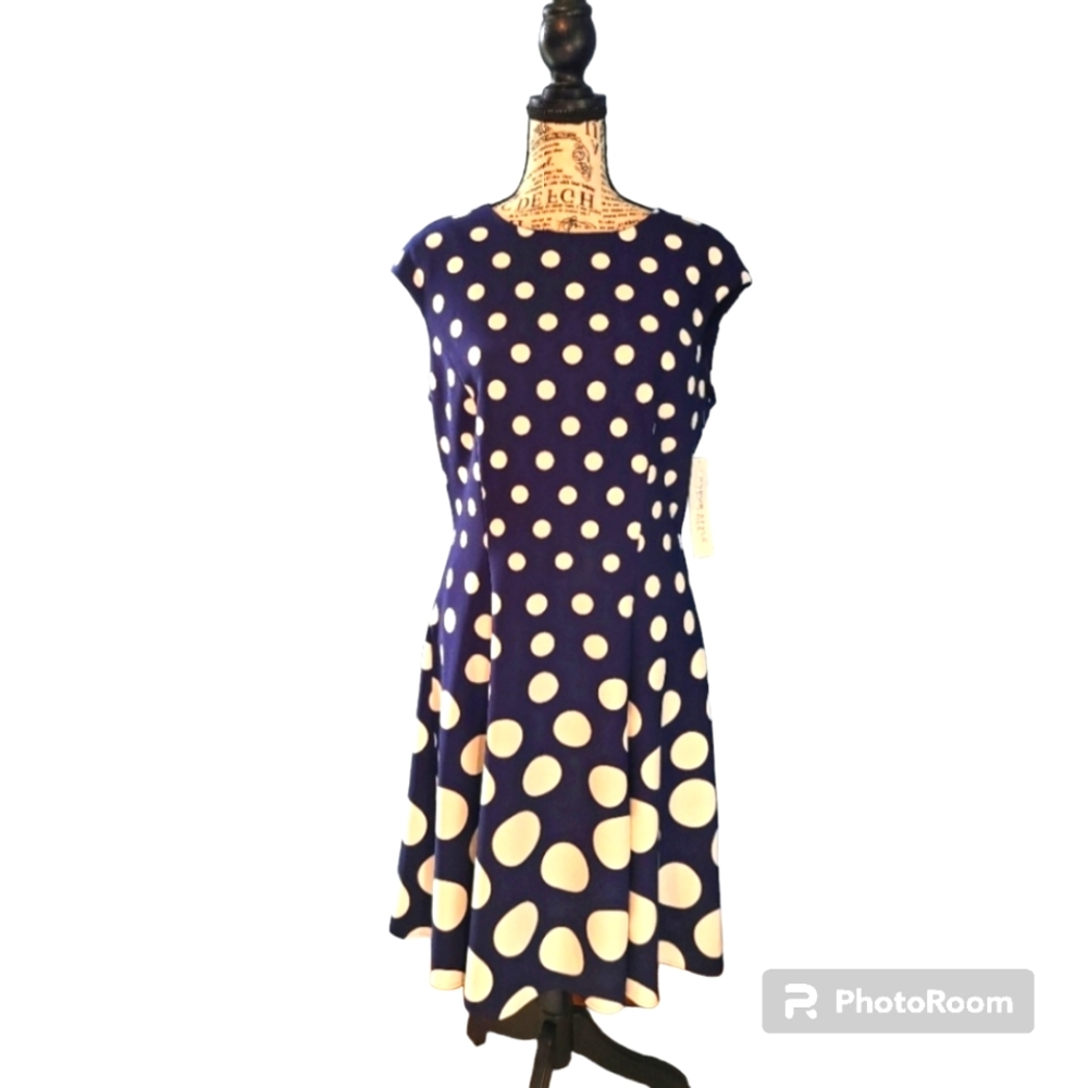 NWT! London Style Collection Navy Polka Dot Fit & Flare Dress Size 8